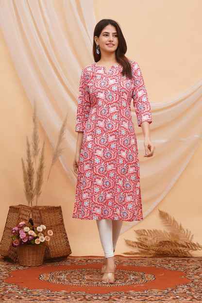 Rosy Red Vines Mirror Embroidery Kurti