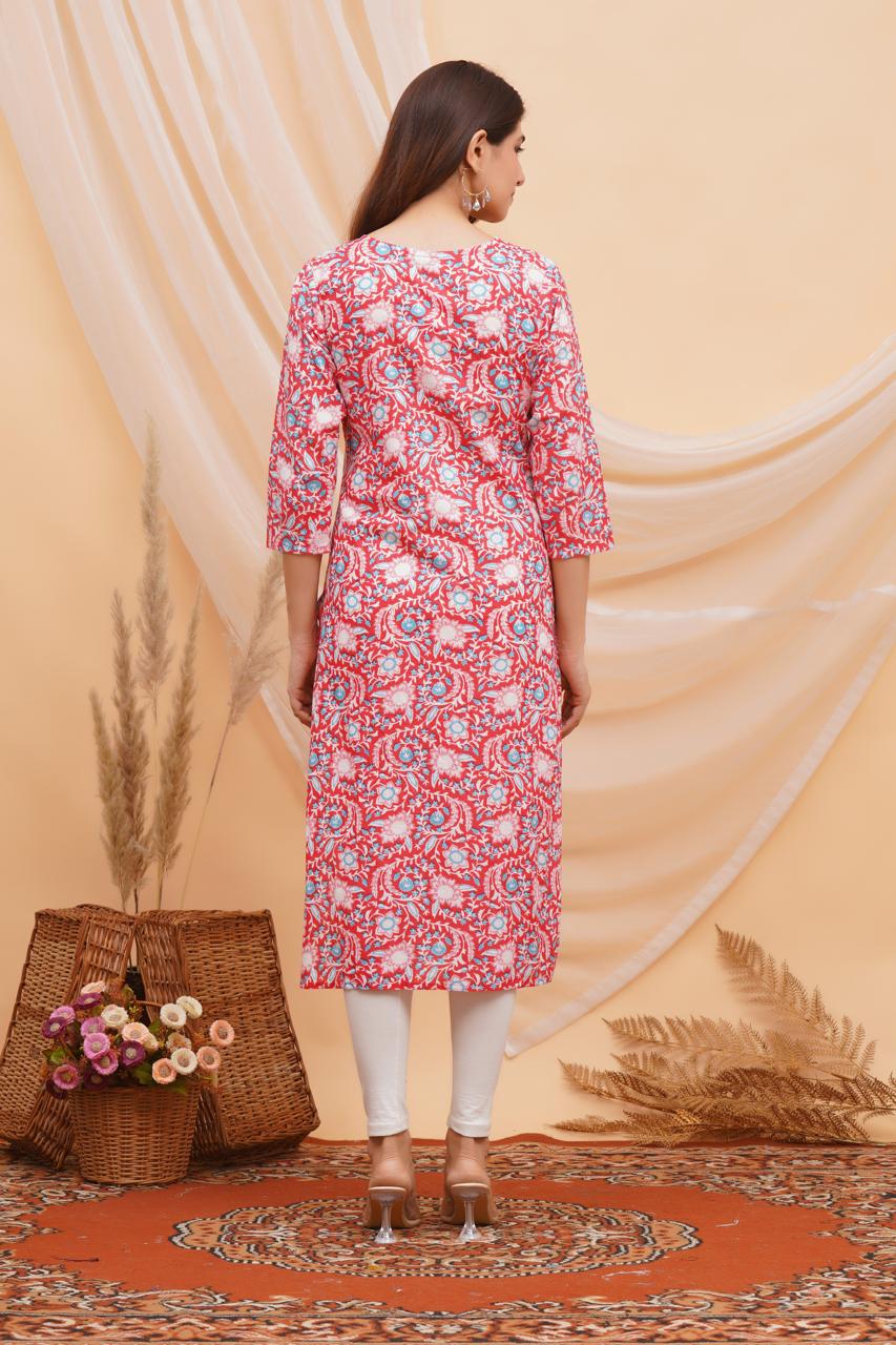 Rosy Red Vines Mirror Embroidery Kurti