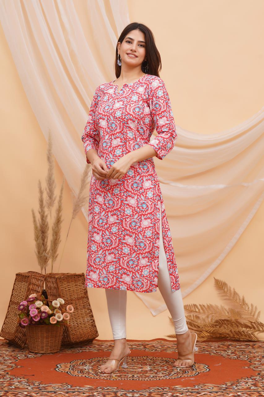 Rosy Red Vines Mirror Embroidery Kurti