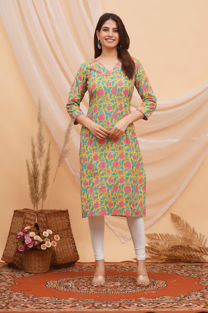 Yellow Blush Floral Cotton Kurti