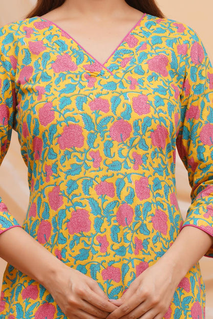 Yellow Blush Floral Cotton Kurti
