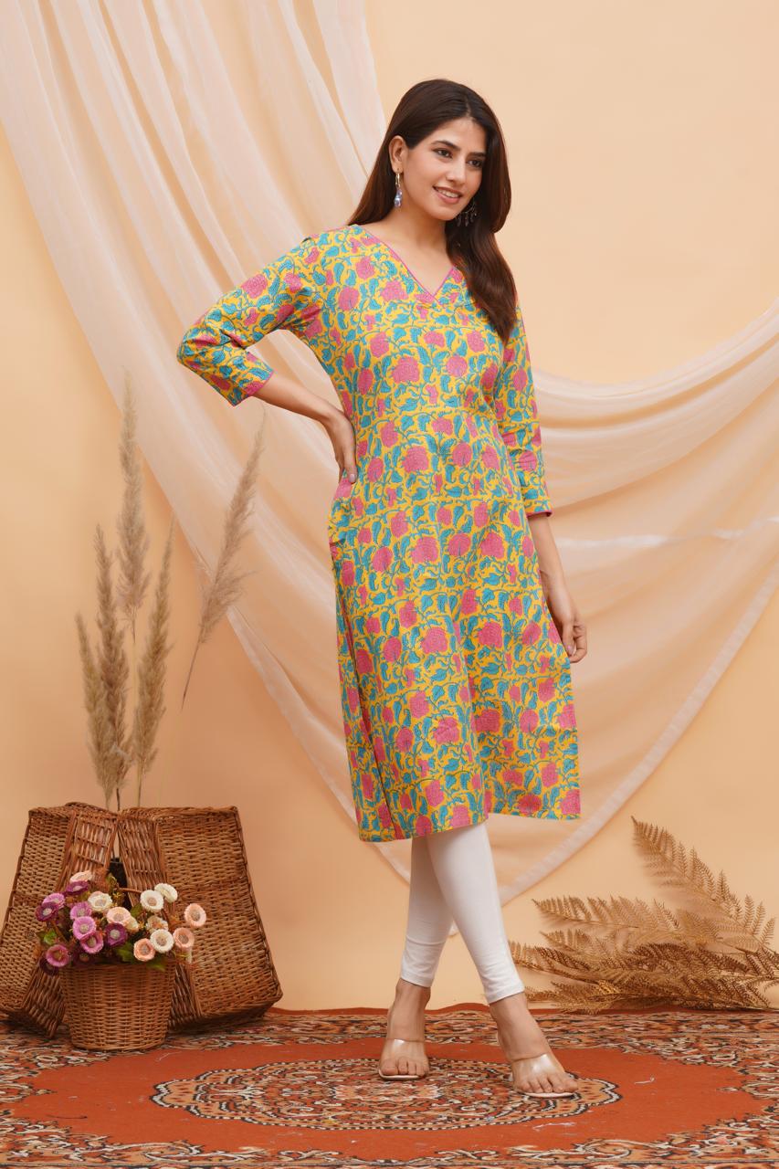 Yellow Blush Floral Cotton Kurti