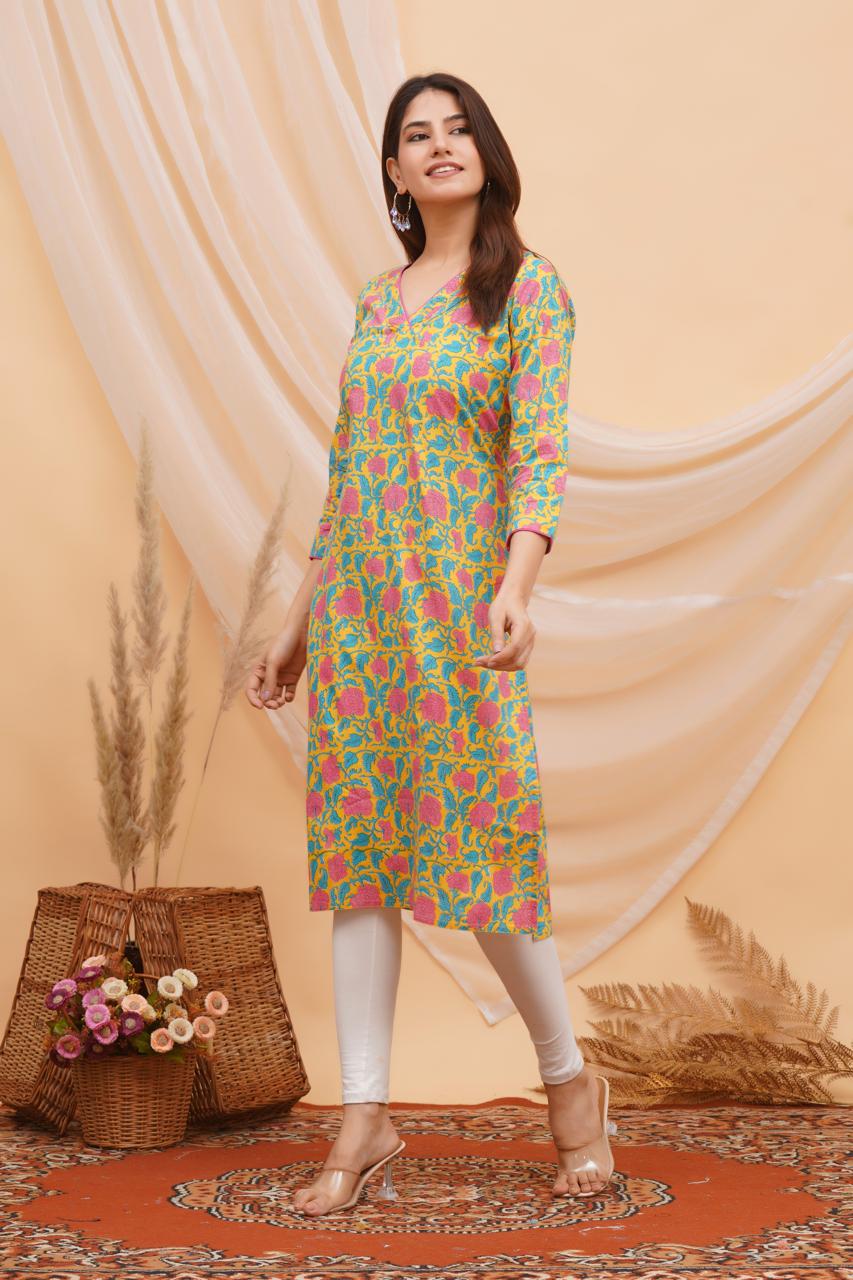 Yellow Blush Floral Cotton Kurti