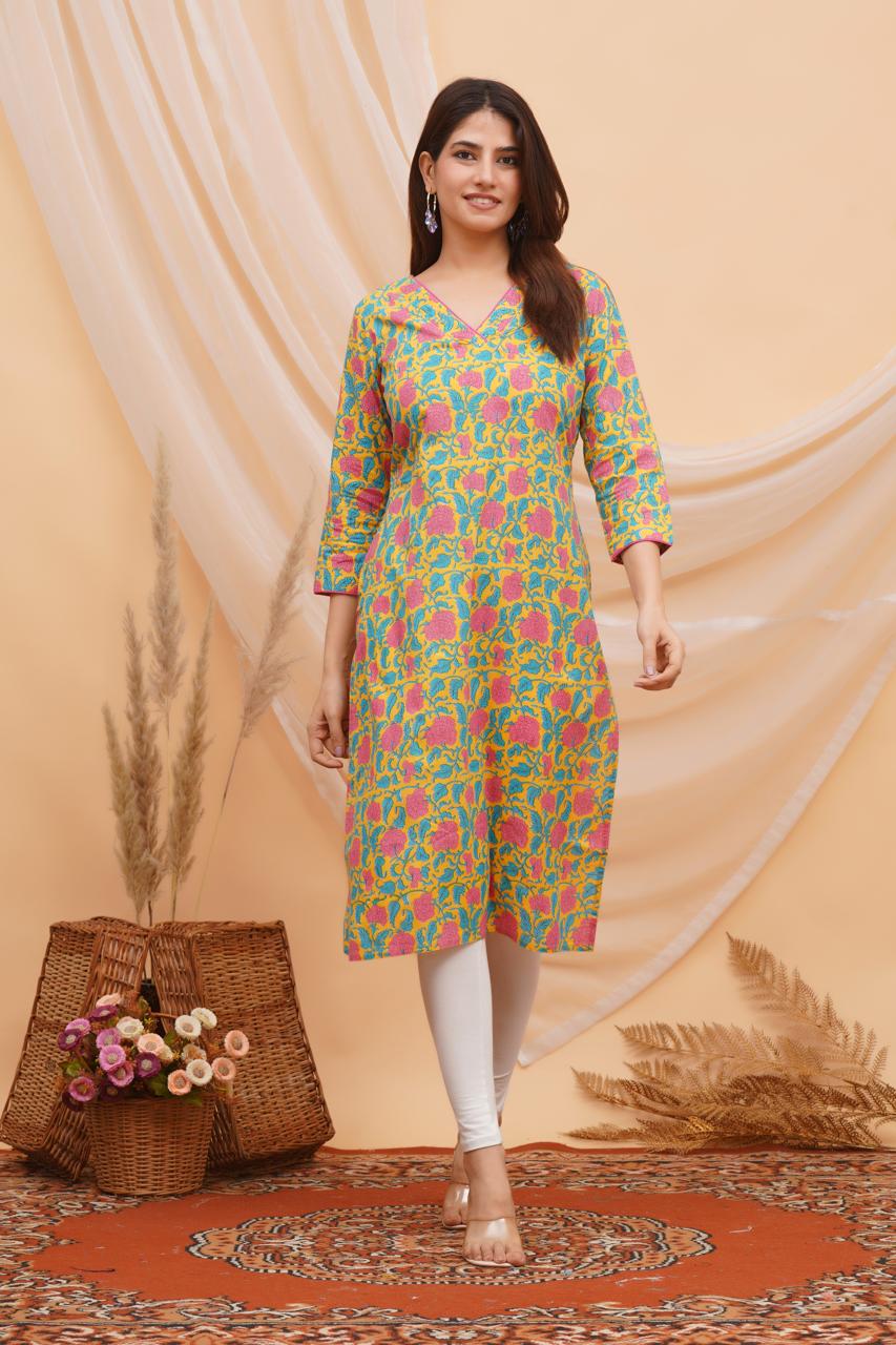 Yellow Blush Floral Cotton Kurti