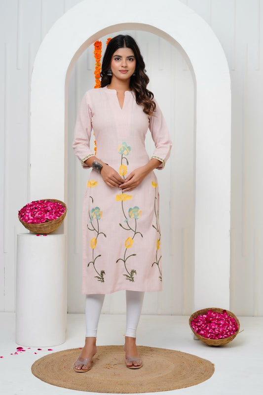 Soft Coral Embroidery Cotton Linen Kurti