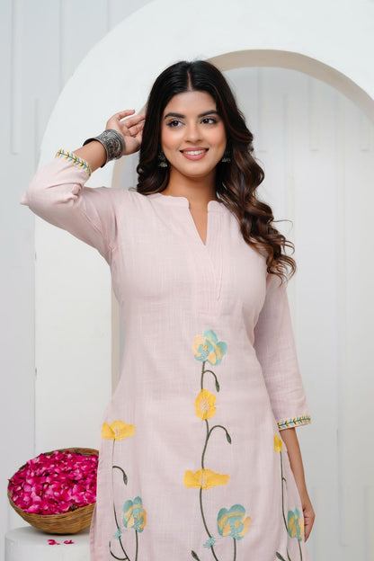 Soft Coral Embroidery Cotton Linen Kurti