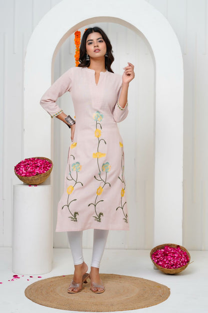 Soft Coral Embroidery Cotton Linen Kurti