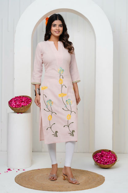 Soft Coral Embroidery Cotton Linen Kurti