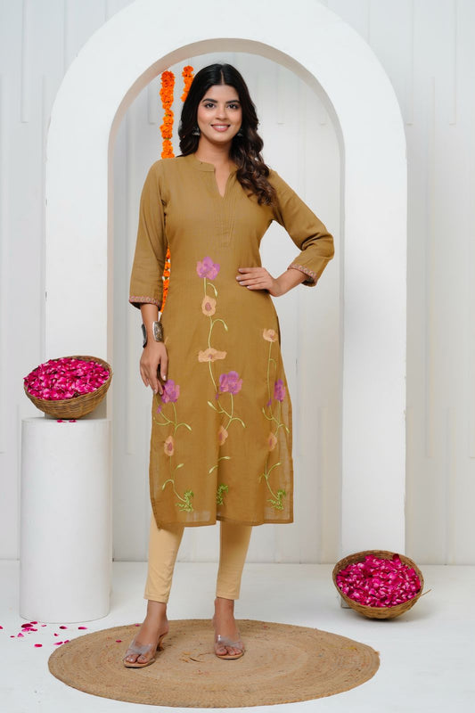 Brown Embroidery Cotton Linen Kurti