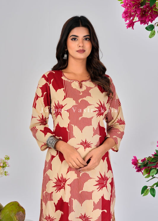 Red Blooms Cotton Kurti