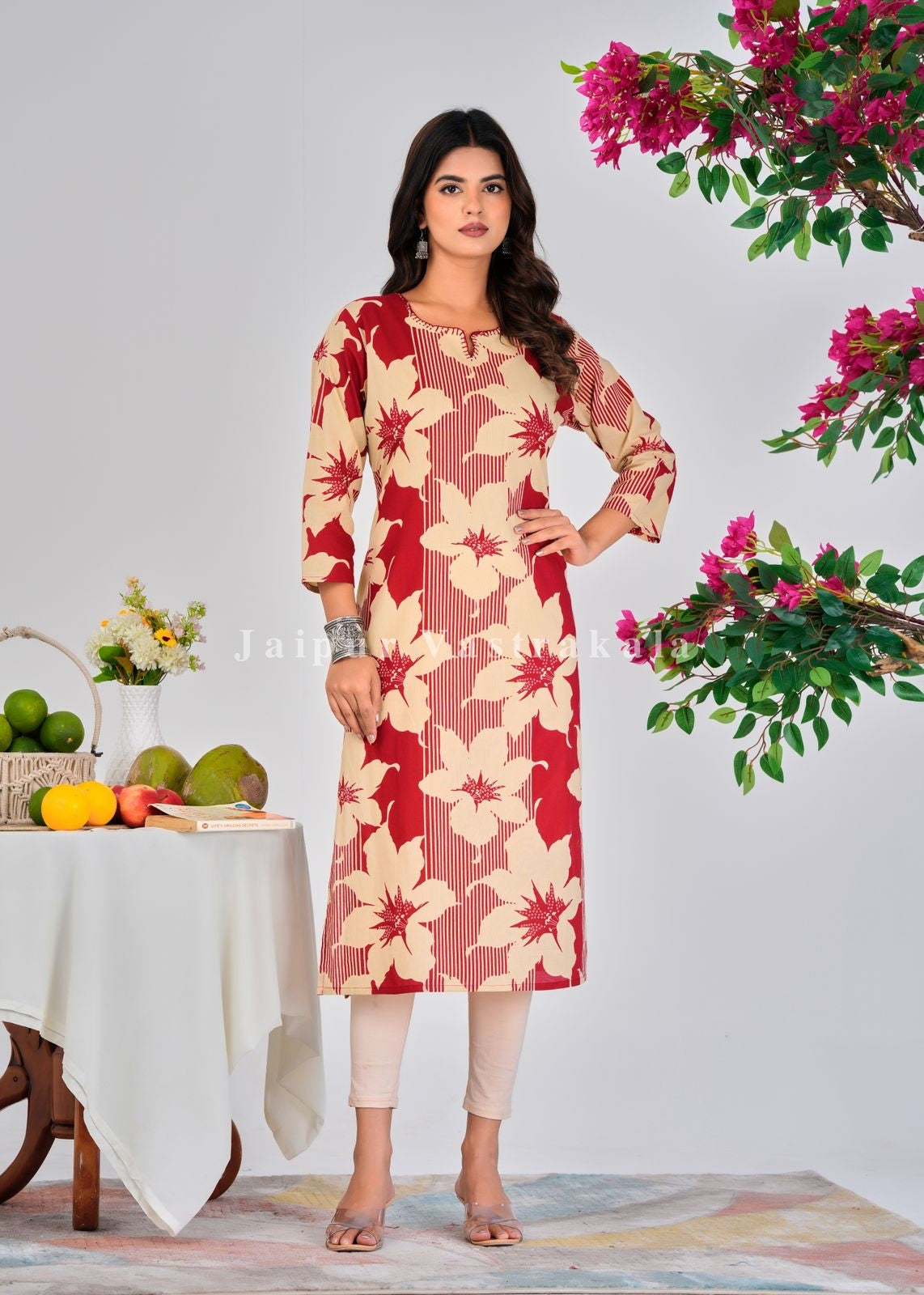 Red Blooms Cotton Kurti