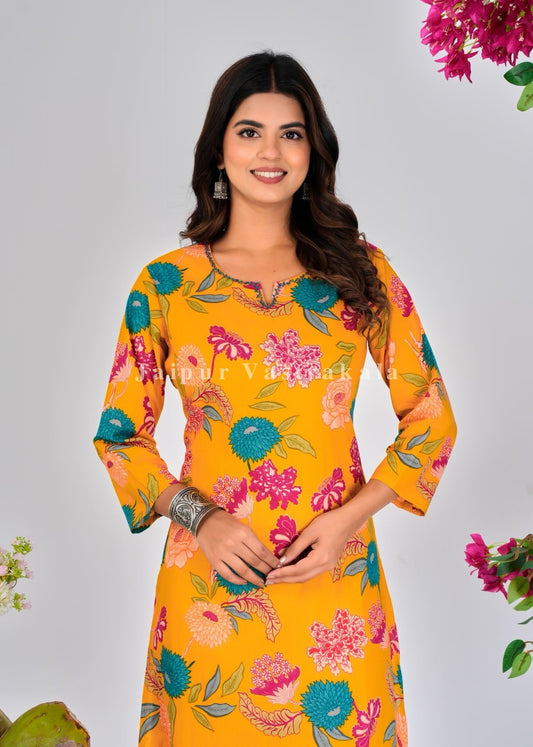 Yellow Radiant Flowers Cotton Kurti