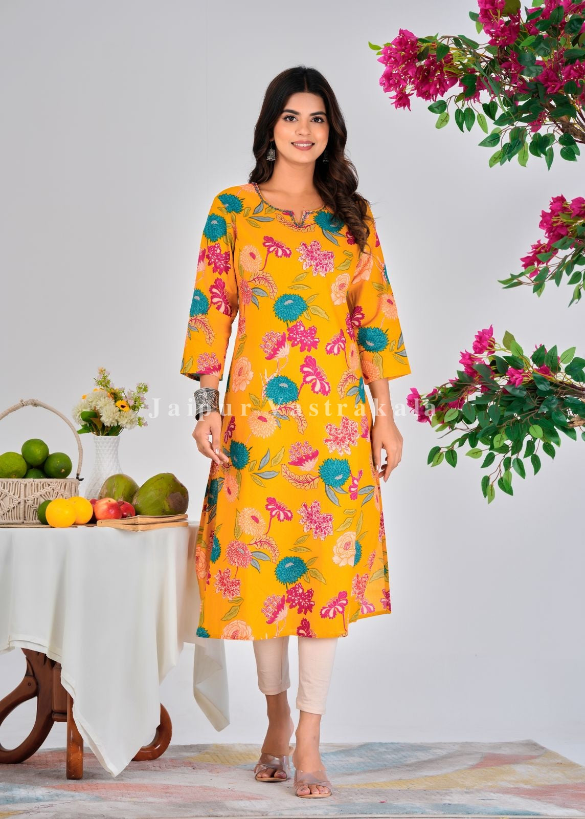 Yellow Radiant Flowers Cotton Kurti