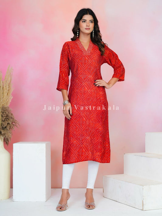 Red Bandhej Festive Muslin Kurti