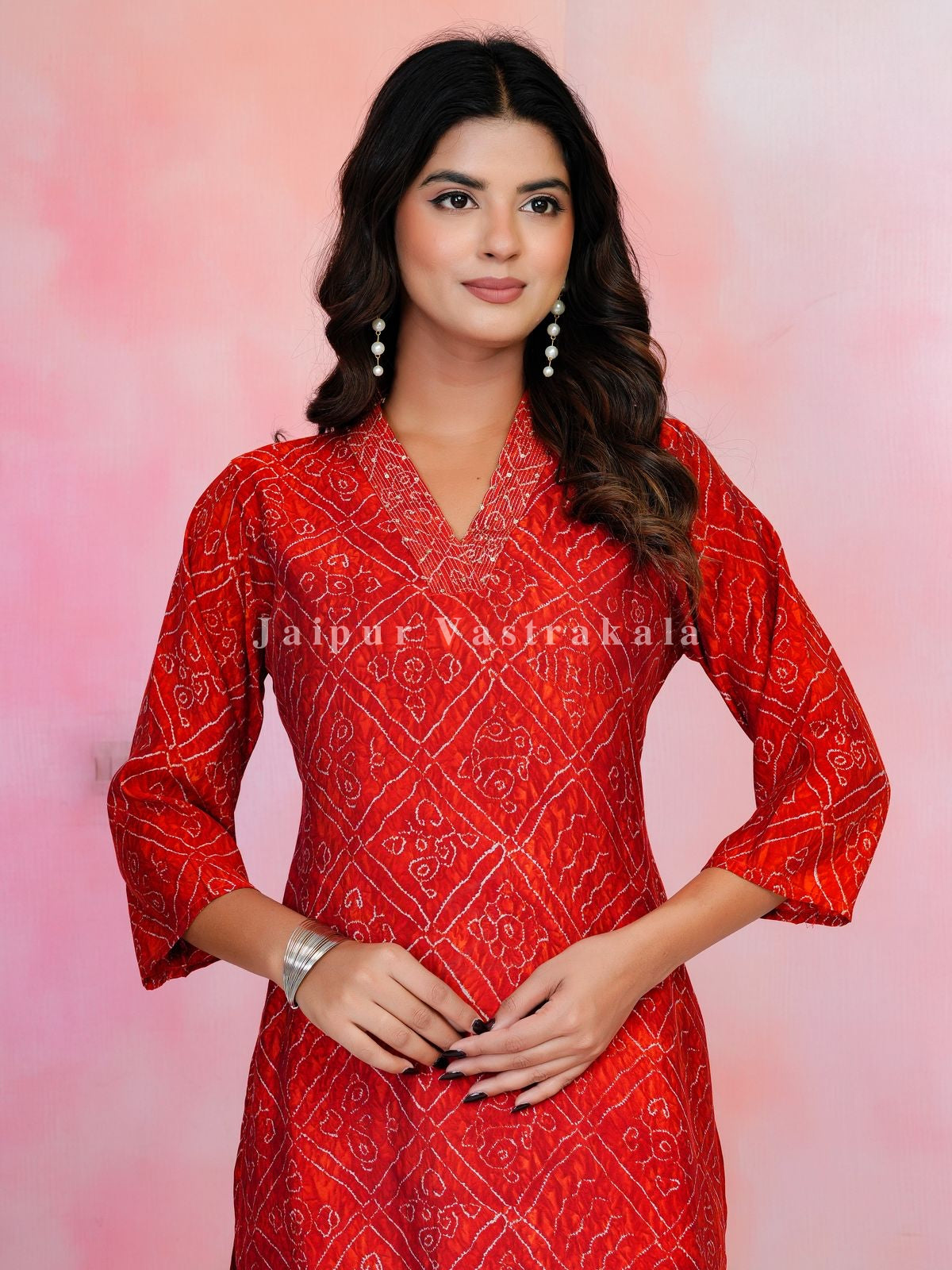 Red Bandhej Festive Muslin Kurti