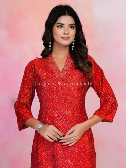 Red Bandhej Festive Muslin Kurti