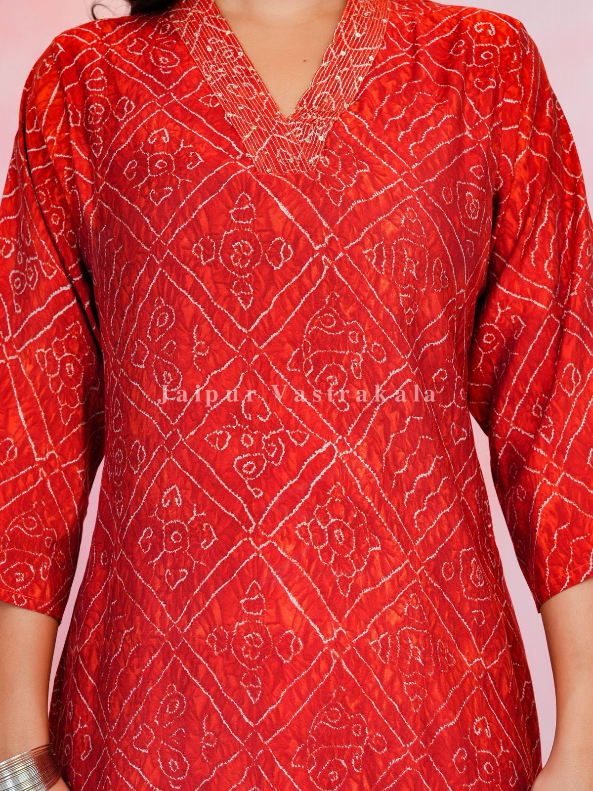 Red Bandhej Festive Muslin Kurti