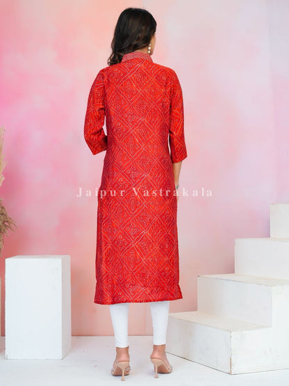 Red Bandhej Festive Muslin Kurti