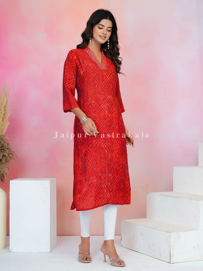 Red Bandhej Festive Muslin Kurti