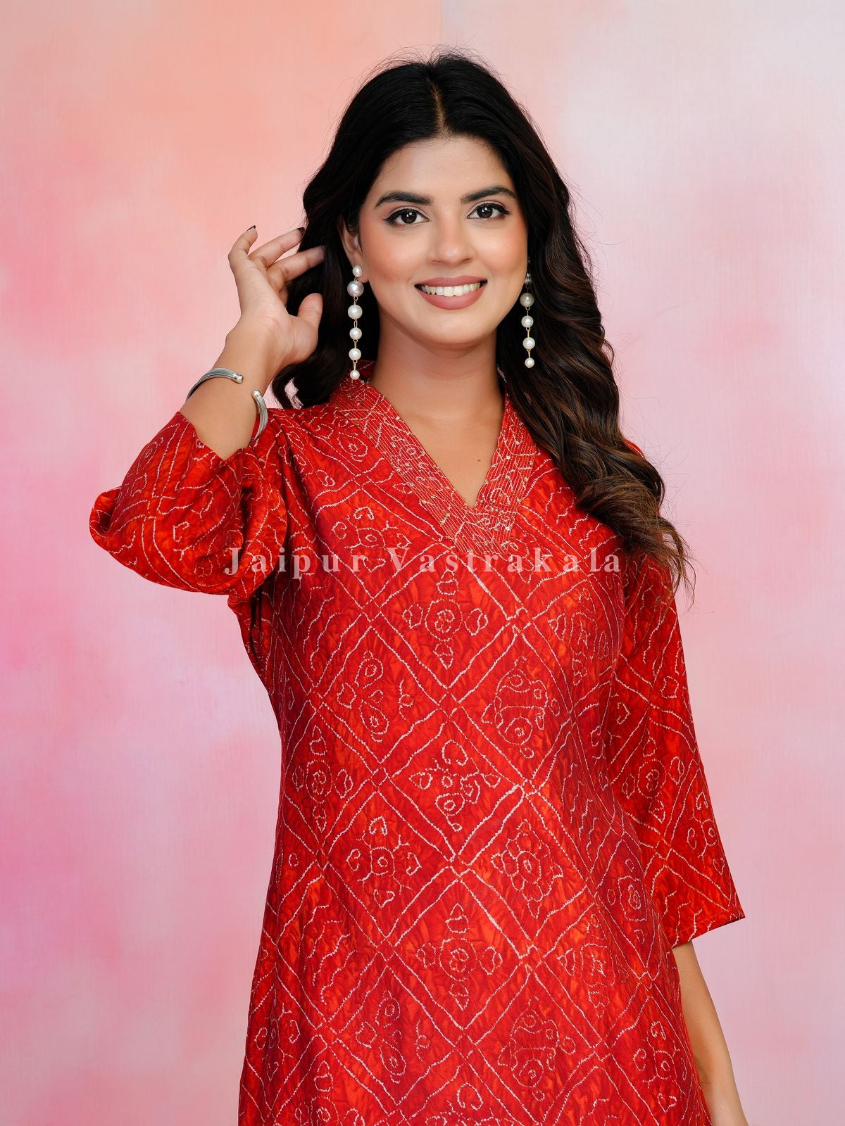 Red Bandhej Festive Muslin Kurti