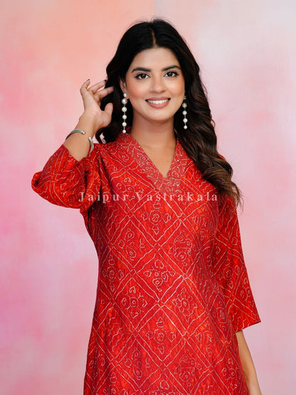 Red Bandhej Festive Muslin Kurti