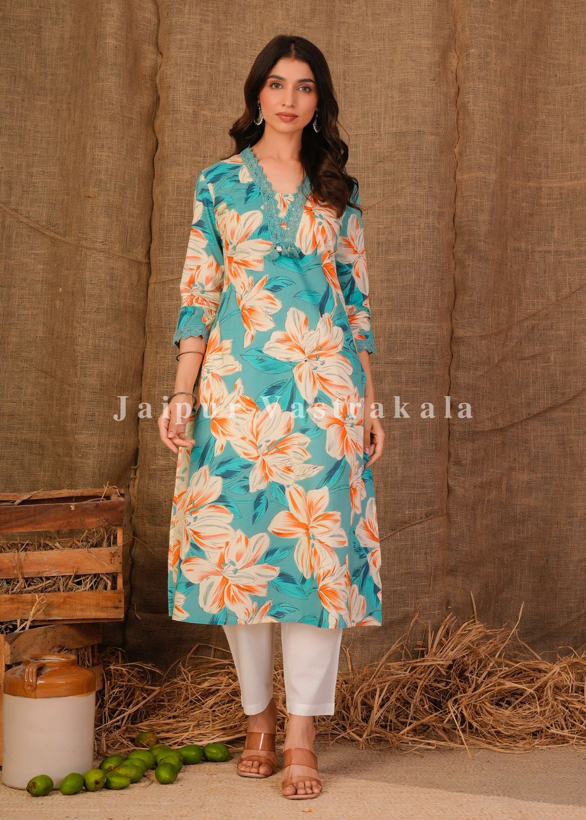 Azure Floral Vibe Cotton Kurti
