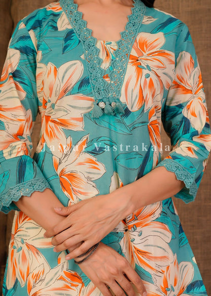 Azure Floral Vibe Cotton Kurti