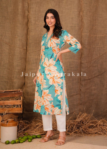 Azure Floral Vibe Cotton Kurti
