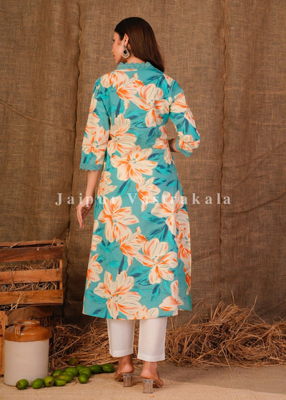 Azure Floral Vibe Cotton Kurti