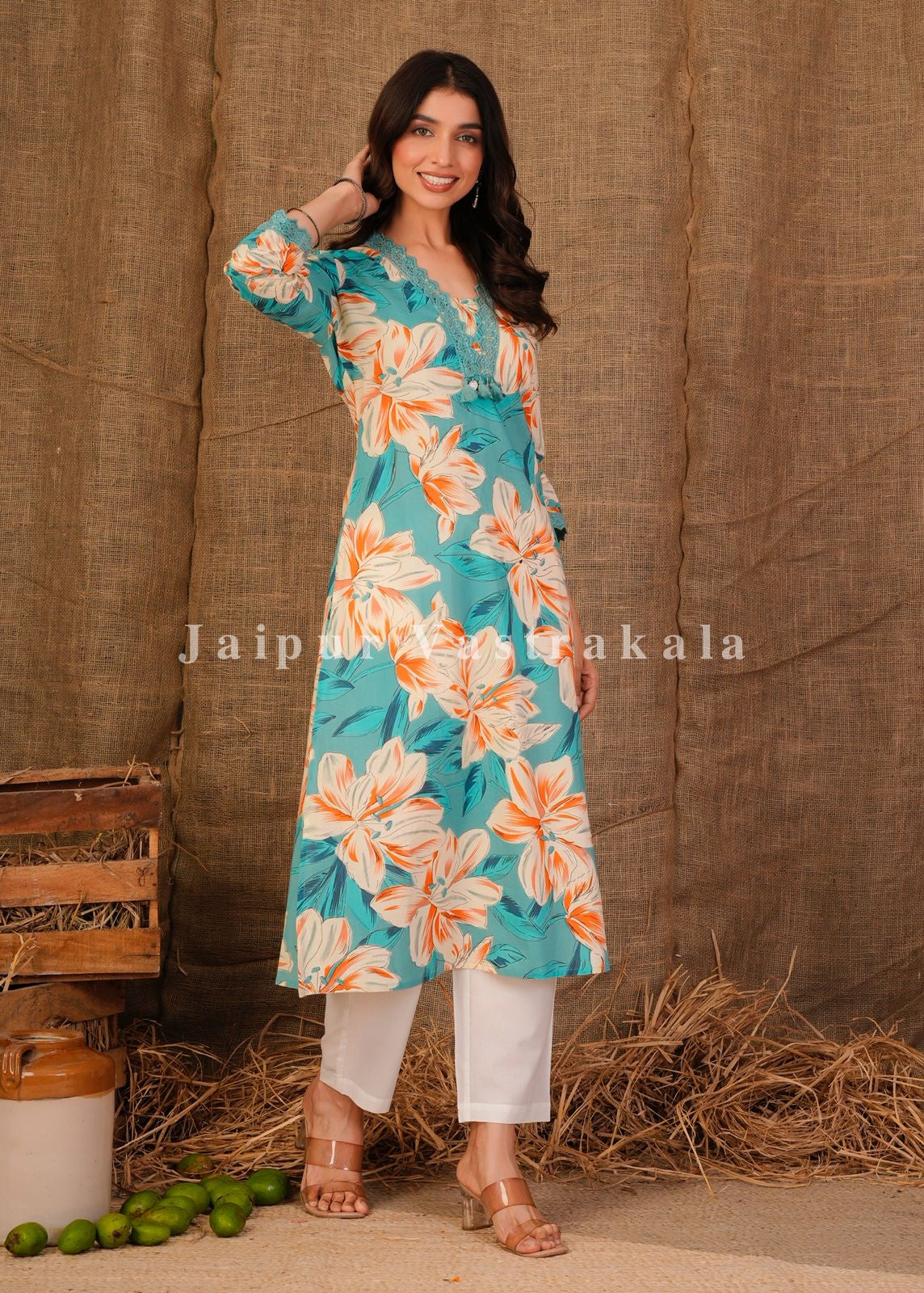 Azure Floral Vibe Cotton Kurti