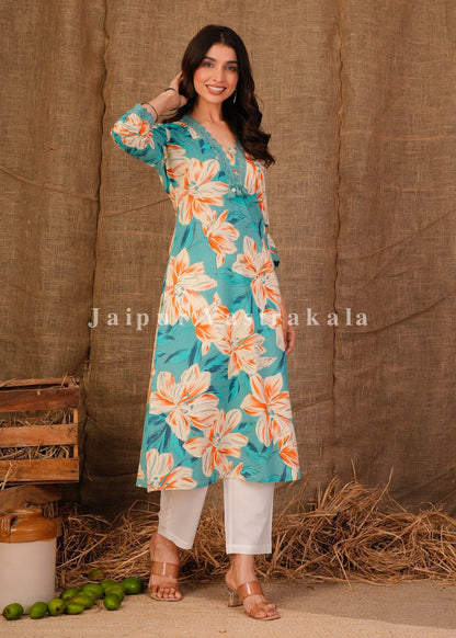 Azure Floral Vibe Cotton Kurti
