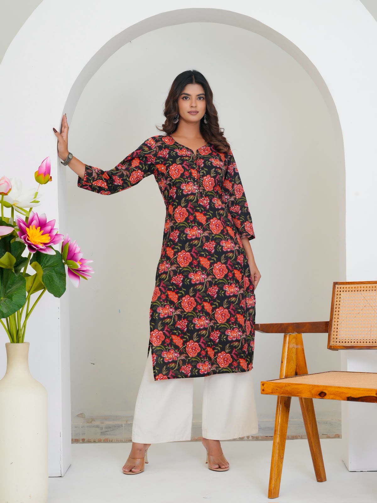 Black Citrus Florals Cotton Embroidery Kurti