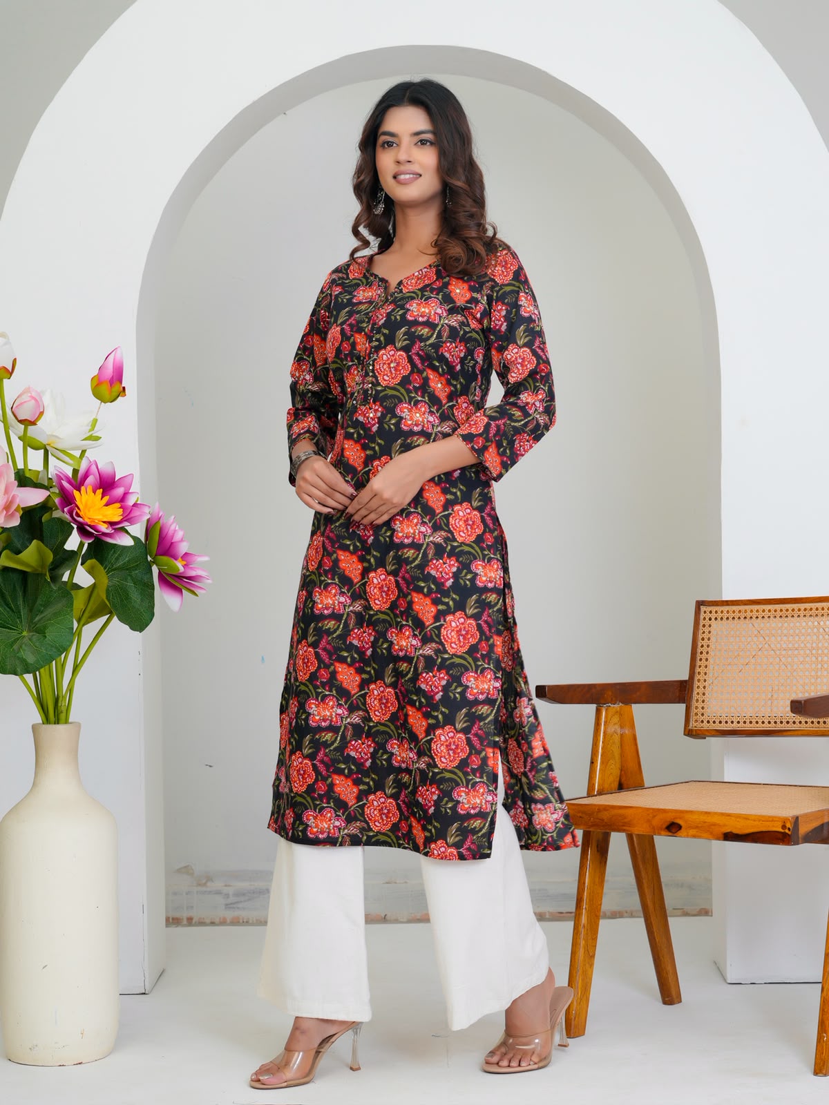 Black Citrus Florals Cotton Embroidery Kurti