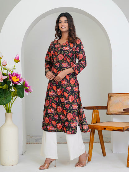 Black Citrus Florals Cotton Embroidery Kurti