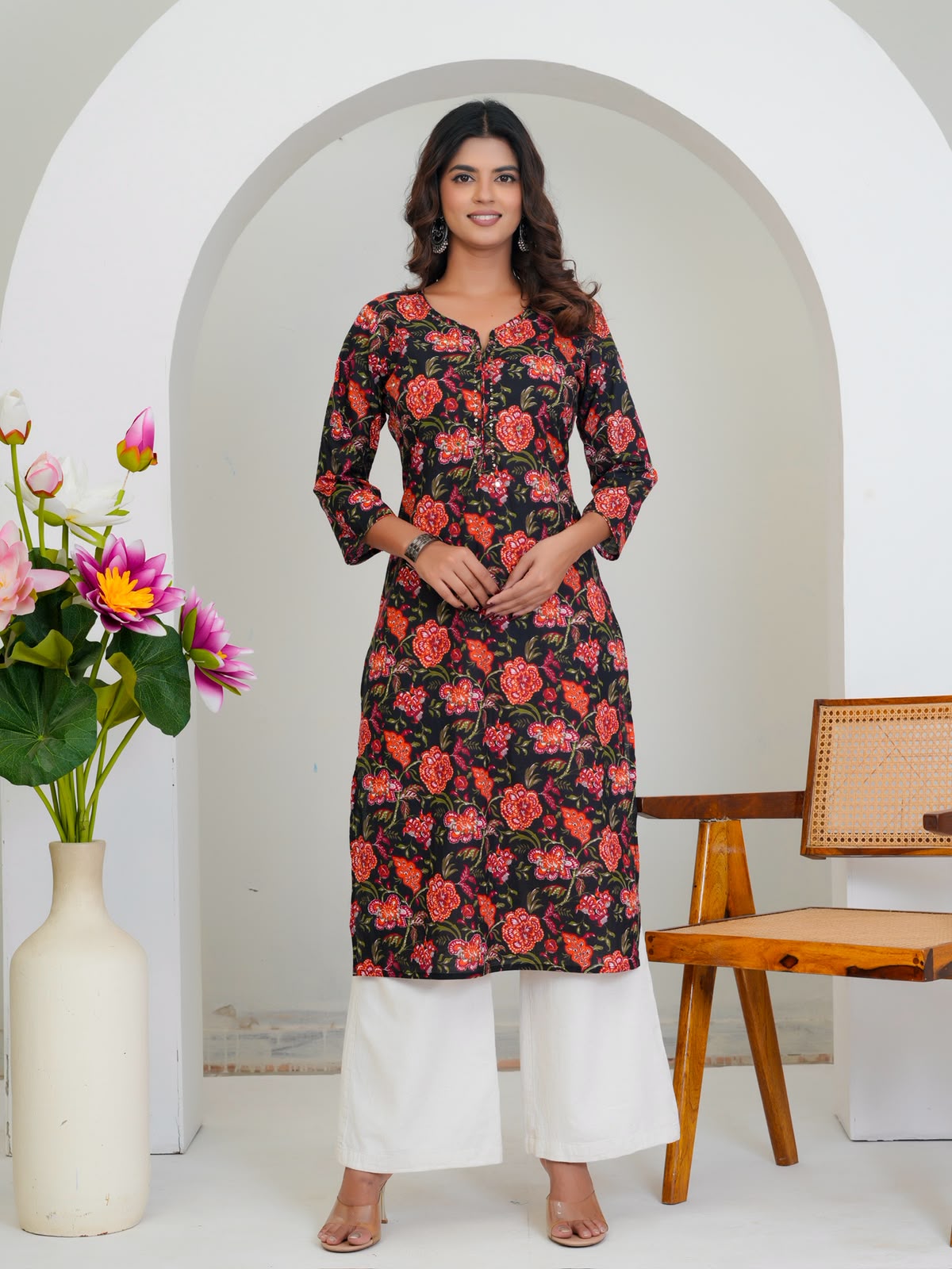 Black Citrus Florals Cotton Embroidery Kurti