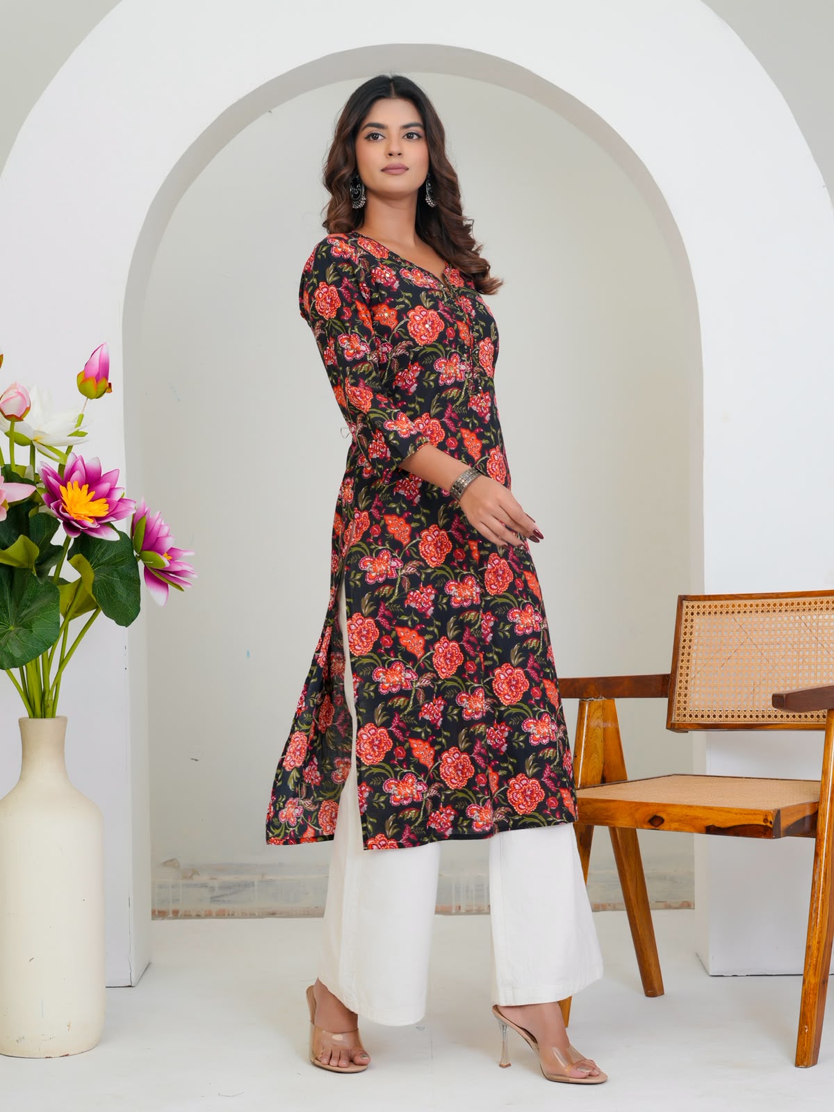 Black Citrus Florals Cotton Embroidery Kurti