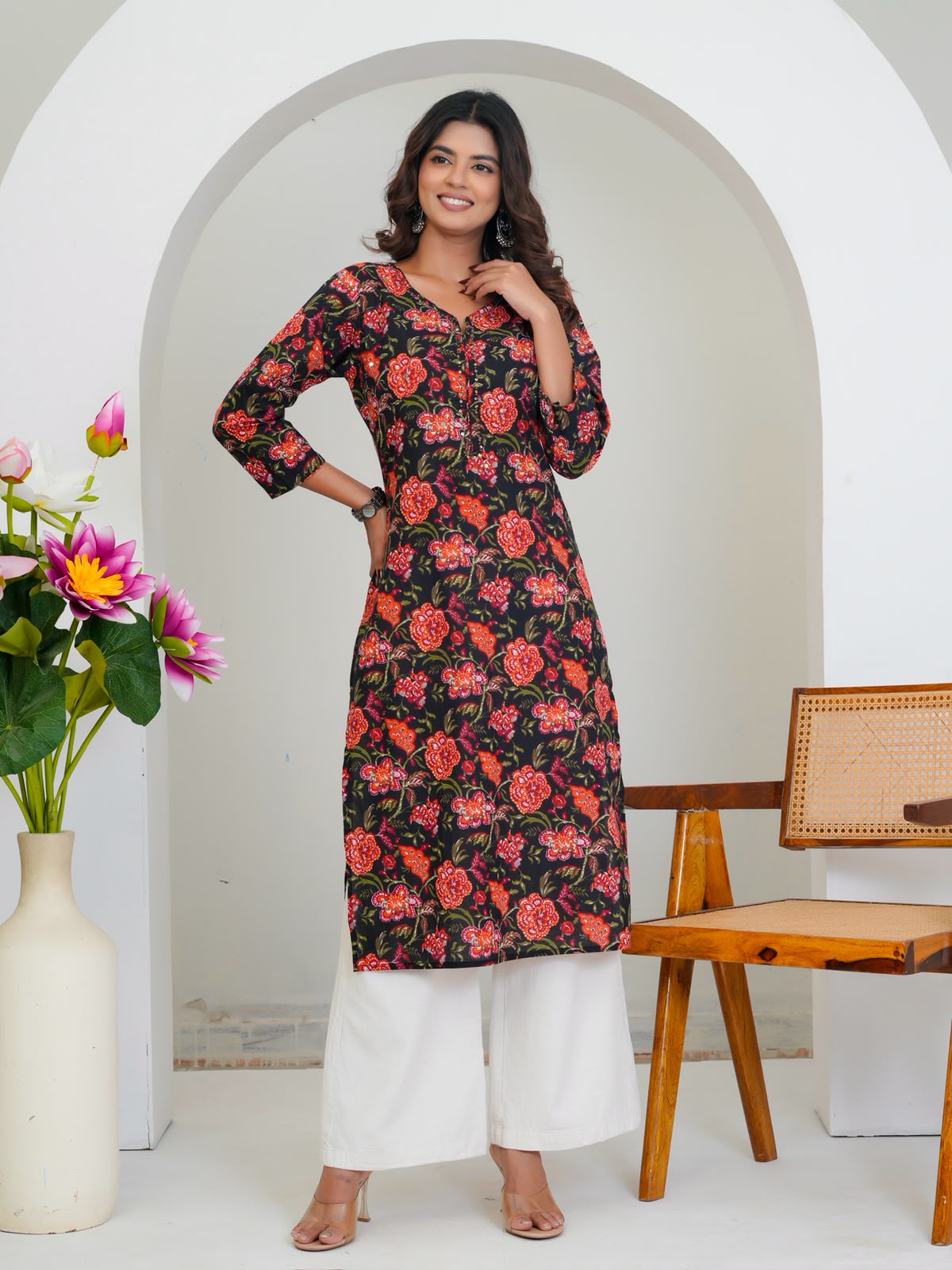 Black Citrus Florals Cotton Embroidery Kurti