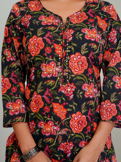 Black Citrus Florals Cotton Embroidery Kurti