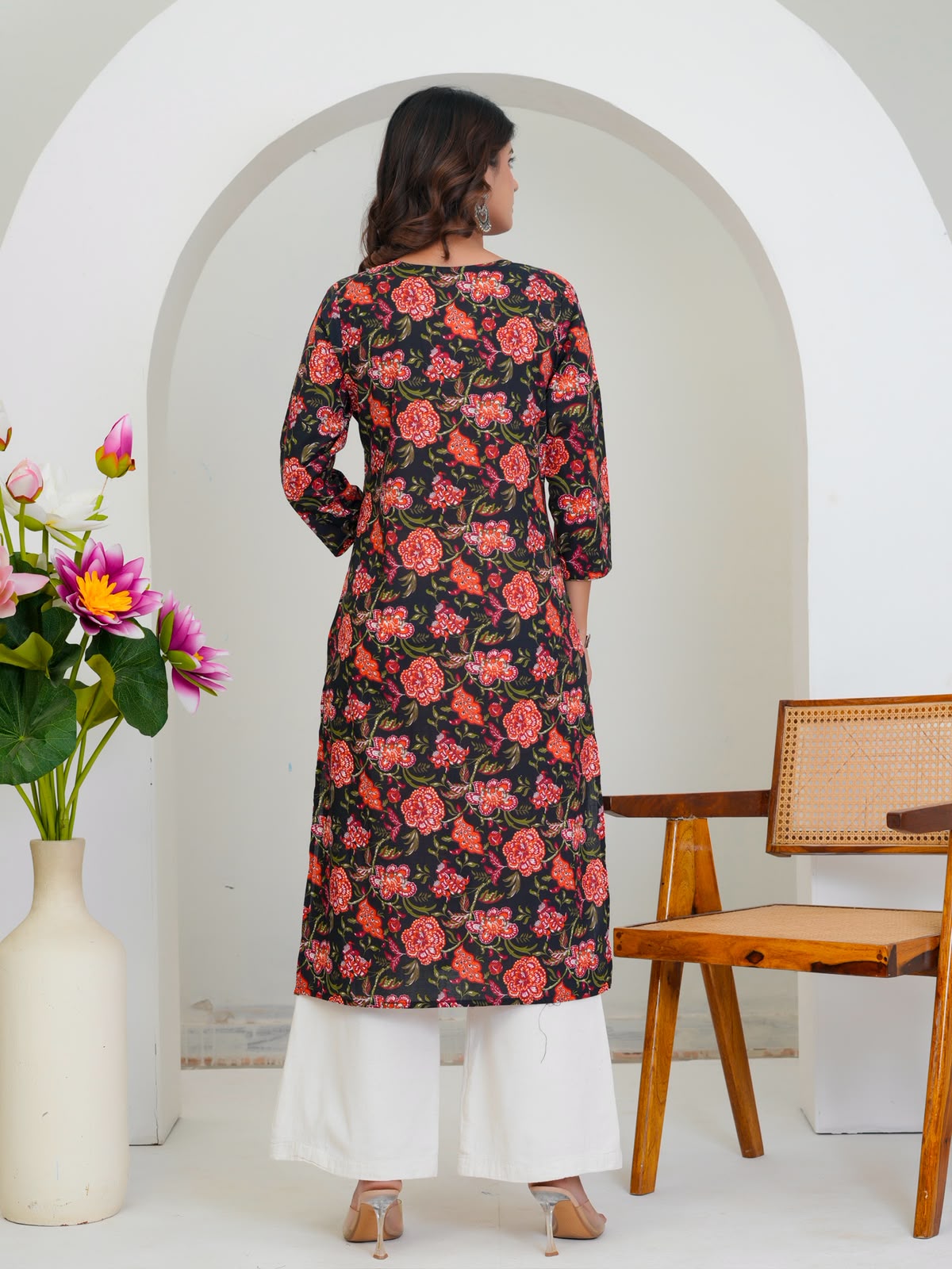 Black Citrus Florals Cotton Embroidery Kurti