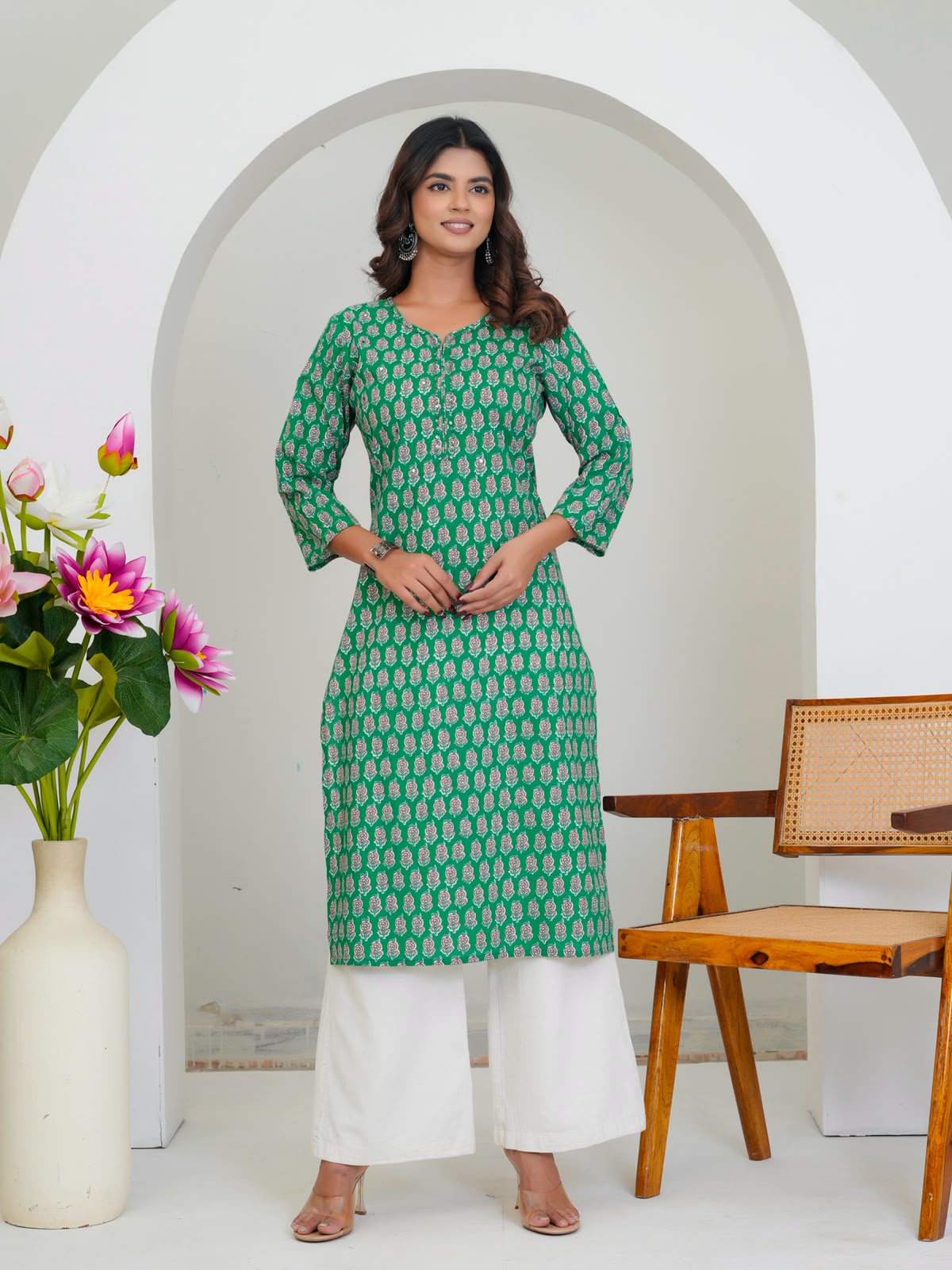Green Booti Cotton Embroidery Kurti