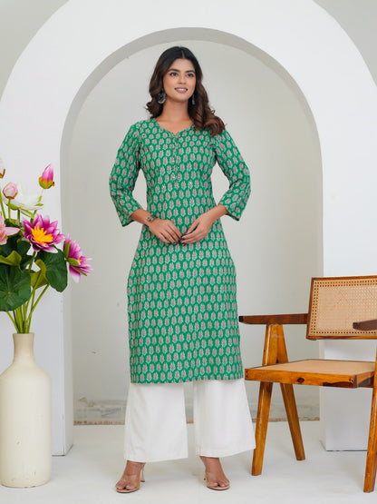 Green Booti Cotton Embroidery Kurti