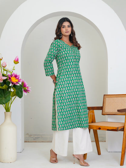 Green Booti Cotton Embroidery Kurti