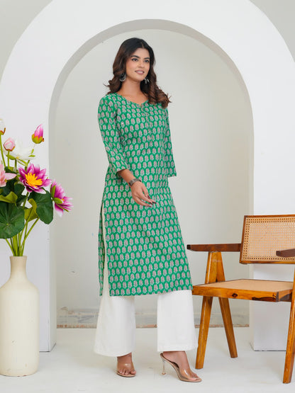 Green Booti Cotton Embroidery Kurti