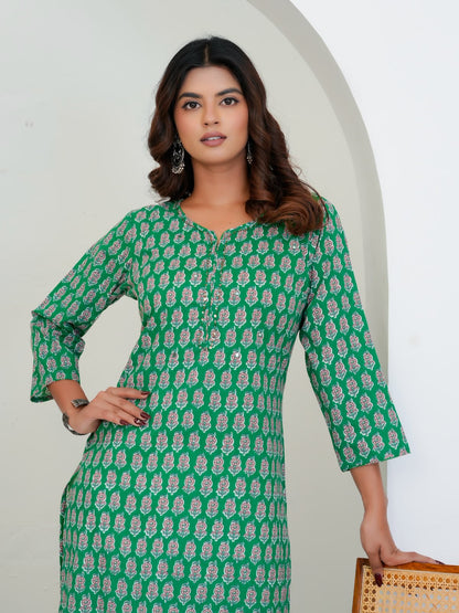 Green Booti Cotton Embroidery Kurti