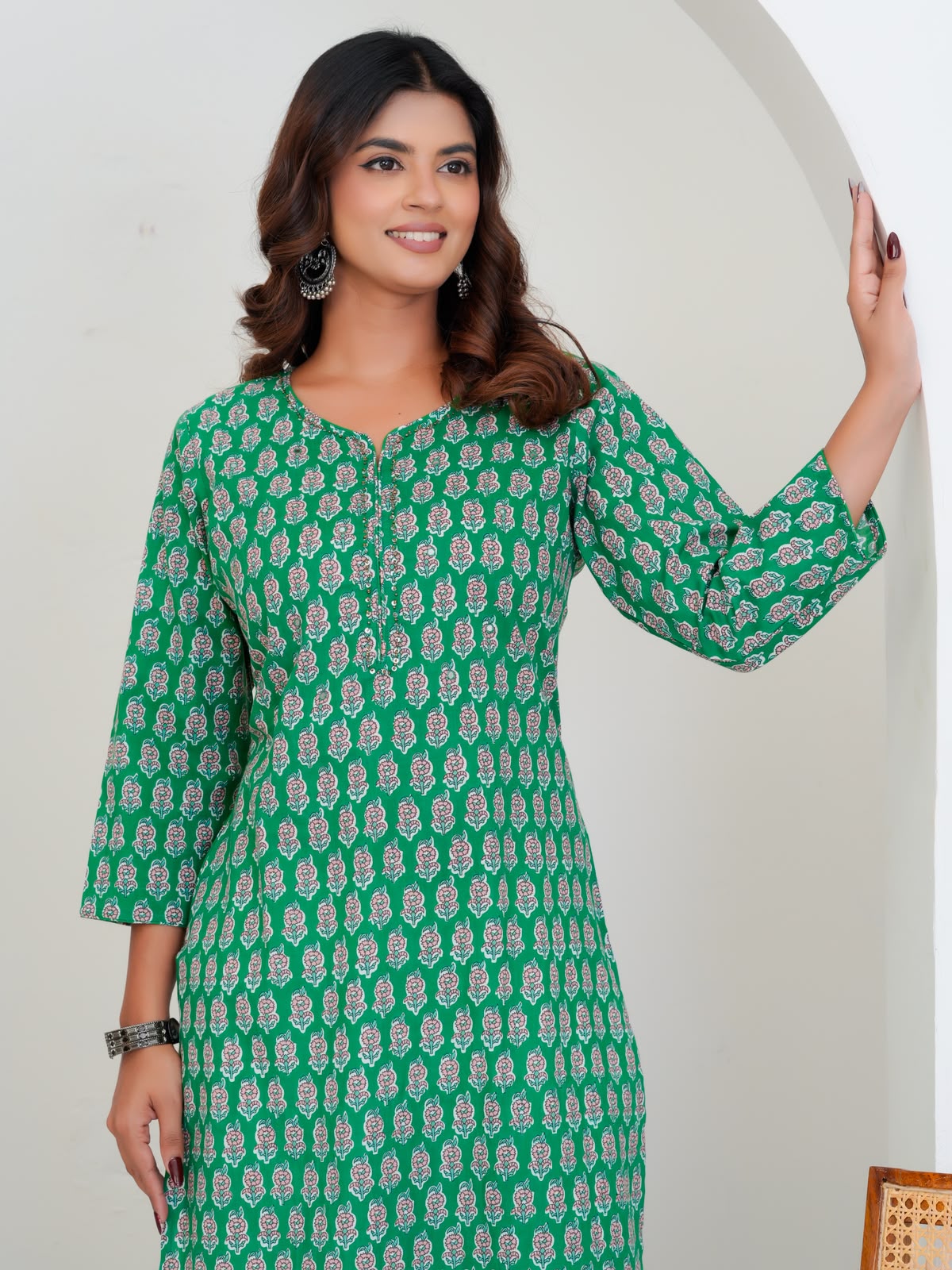 Green Booti Cotton Embroidery Kurti