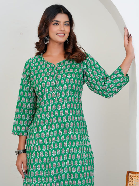Green Booti Cotton Embroidery Kurti