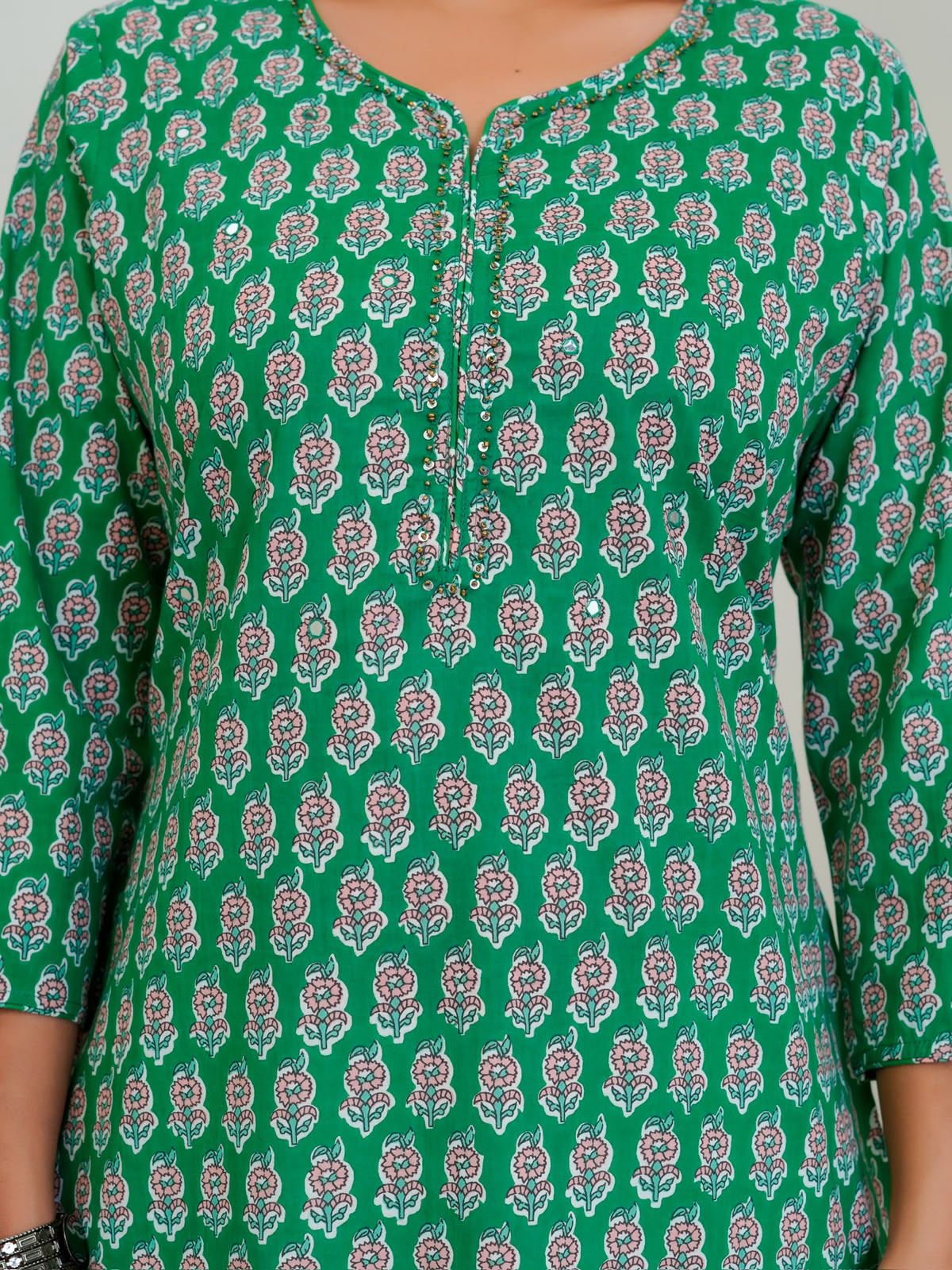 Green Booti Cotton Embroidery Kurti
