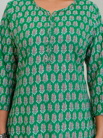 Green Booti Cotton Embroidery Kurti