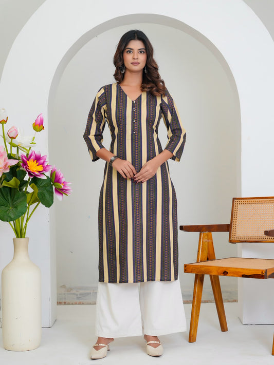 Blue Beige Stripes Cotton Kurti