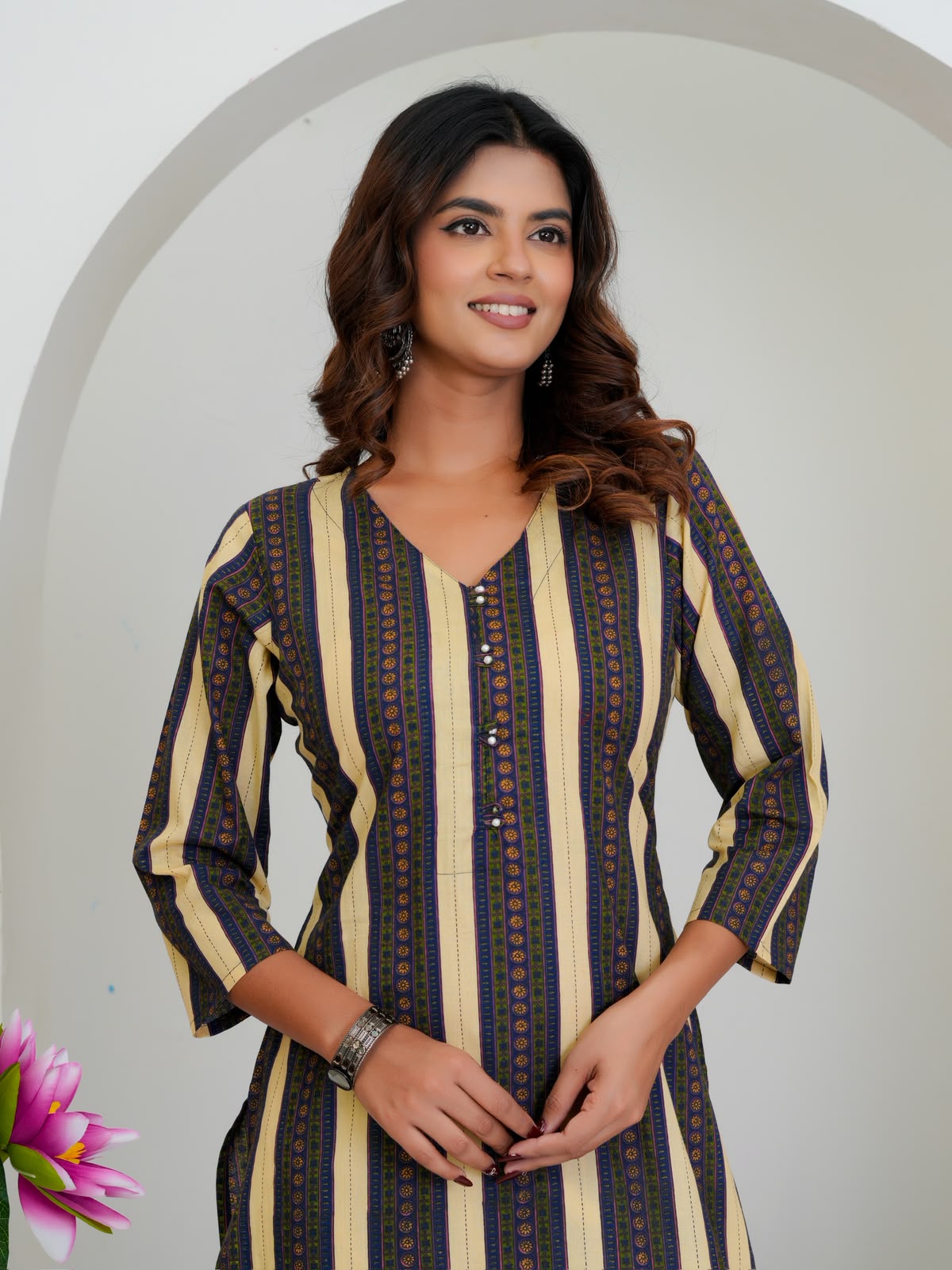 Blue Beige Stripes Cotton Kurti